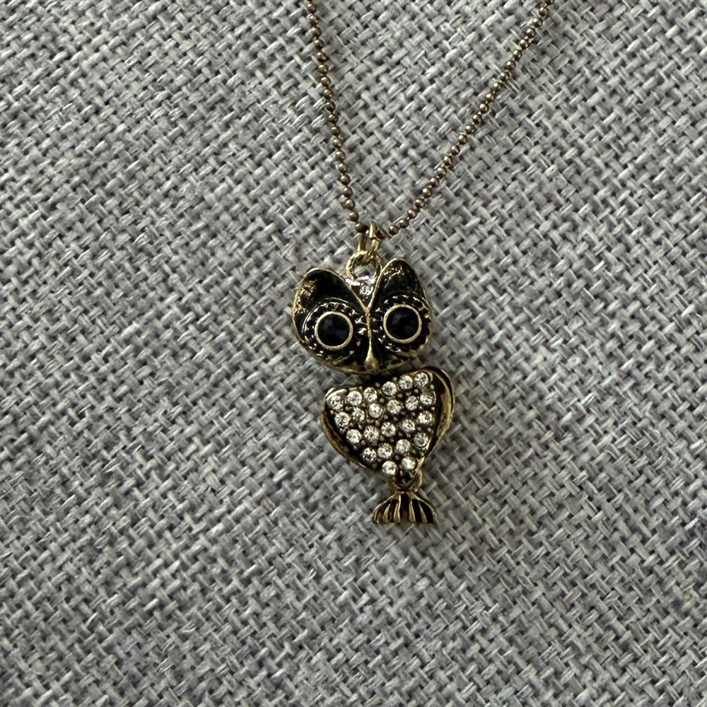 AERO 1987 Owl Pendant Necklace | Rhinestone + Black Stone | Bronze Tone